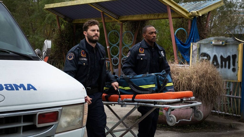 anthony mackie and jamie dornan and emt ambulance drivers in synchronic